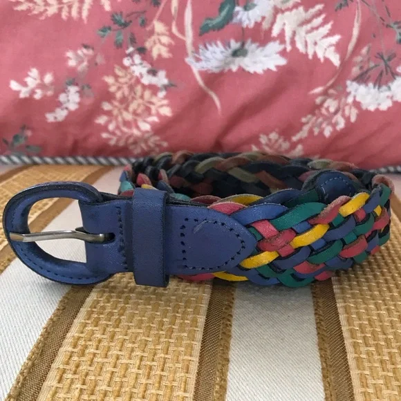 Vintage Leather Multicolor Navy Blue Yellow Green Burgundy Woven Belt Size M/L - Picture 5 of 7